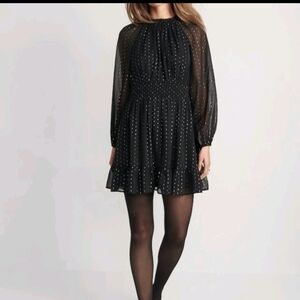 Old Navy Waist-defined Metallic Swiss Dot Black Mini Dress Nwt Size Medium